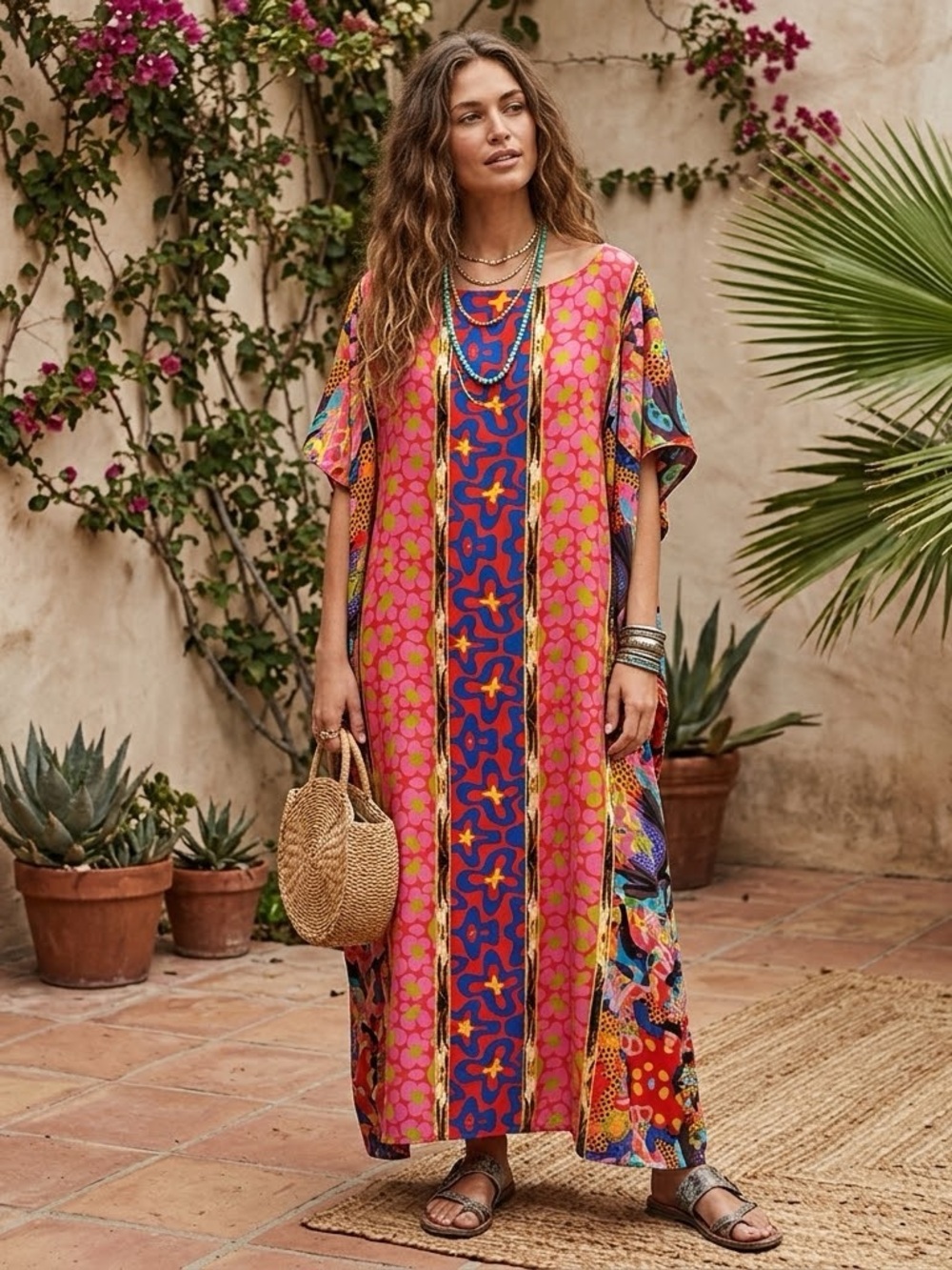 Antica Sartoria Giacomo Cinque Vibrant Boho Kaftan Beach Cover-Up Dress OS